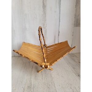 Vintage folding bamboo basket unique home decor handled fruit tabletop